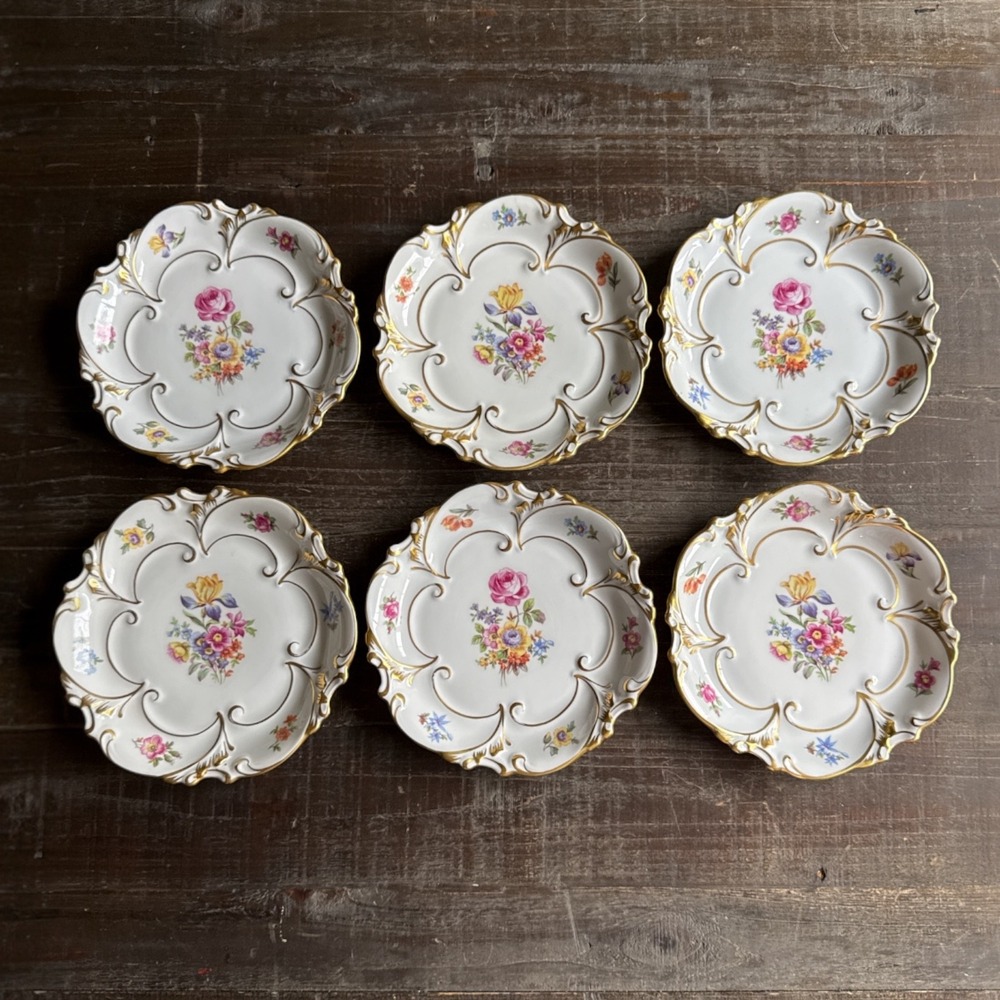 Henneberg Porzellan Ilmenau Floral Salad Plates Set 6 Gold Trim 7.5" MCM Germany